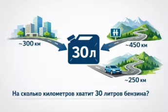 Стилизованная иконка топливного бака на 30 литров и расчетный запас хода по городу, трассе и в горах.